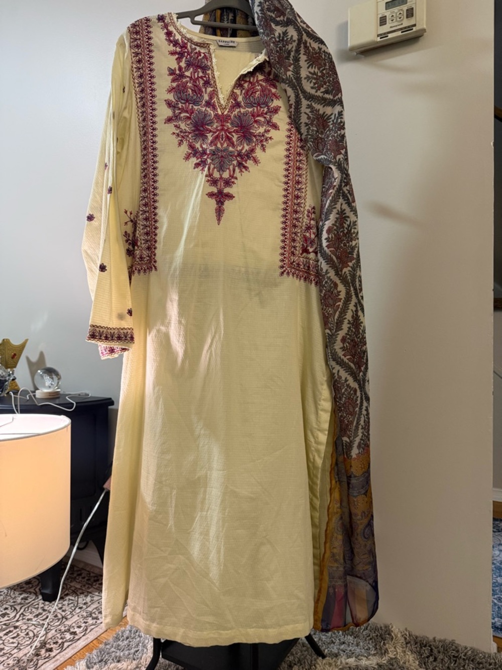 Embroidered Cream Long-Sleeve Women’s Dress with Pink Accents